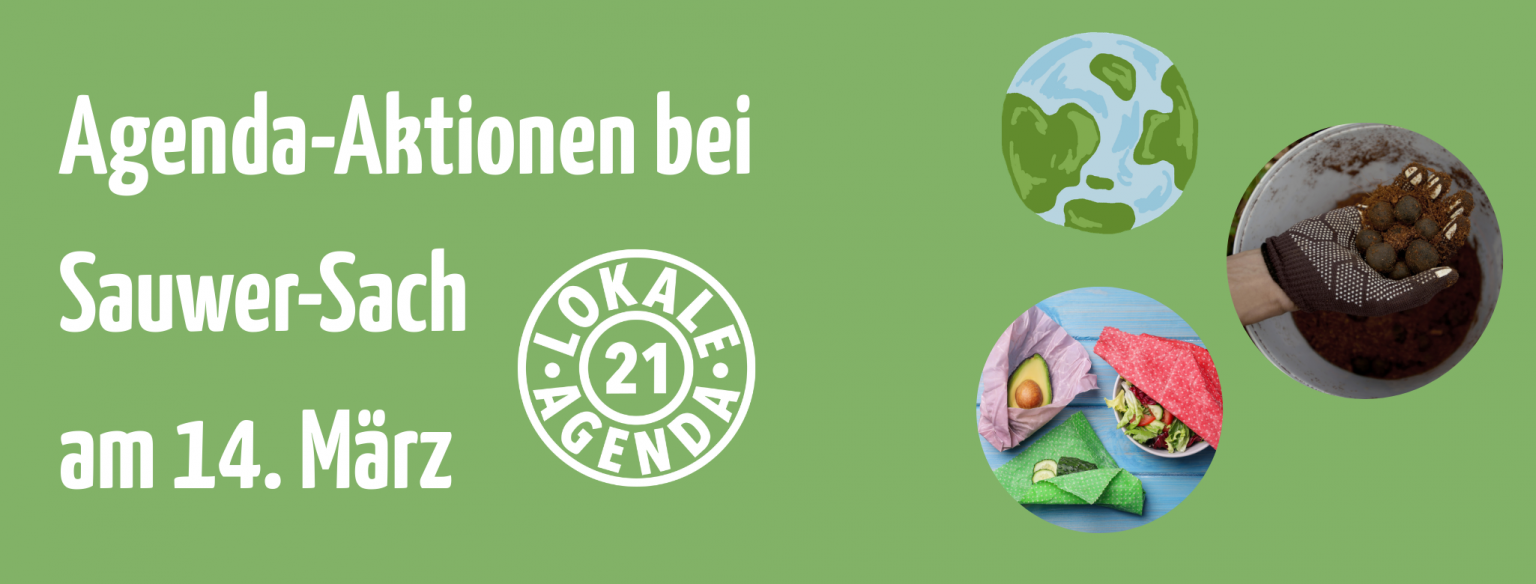 Logo Lokale Agenda Trier, Erdkugel, Hand mit einer Samenkugel und Essen in bunten Bienenwachstüchern.