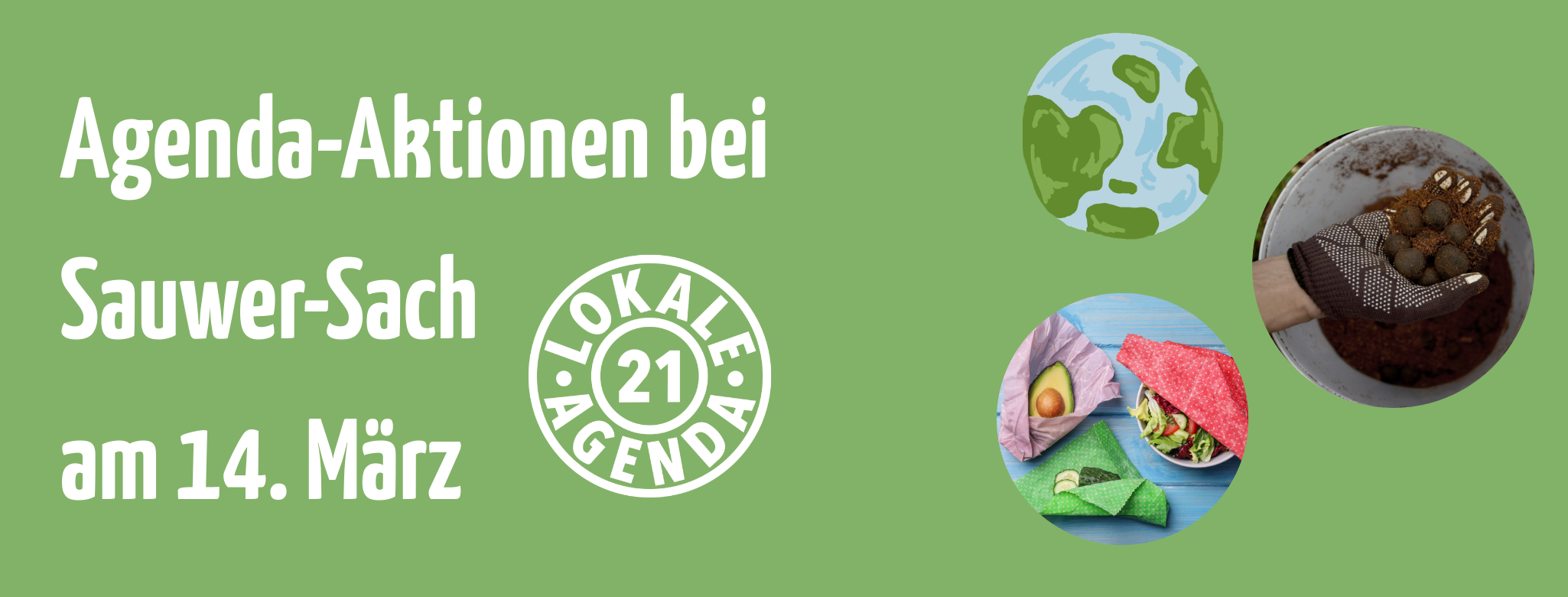 Logo Lokale Agenda Trier, Erdkugel, Hand mit einer Samenkugel und Essen in bunten Bienenwachstüchern.