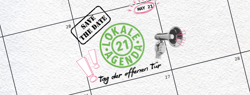 Symbolbildliche Darstellung eines Ausschnitts aus einem Kalender, Bei dem 21. Mai ist Tag der offenen Tür und ein Lokale Agenda Logo eingetragen